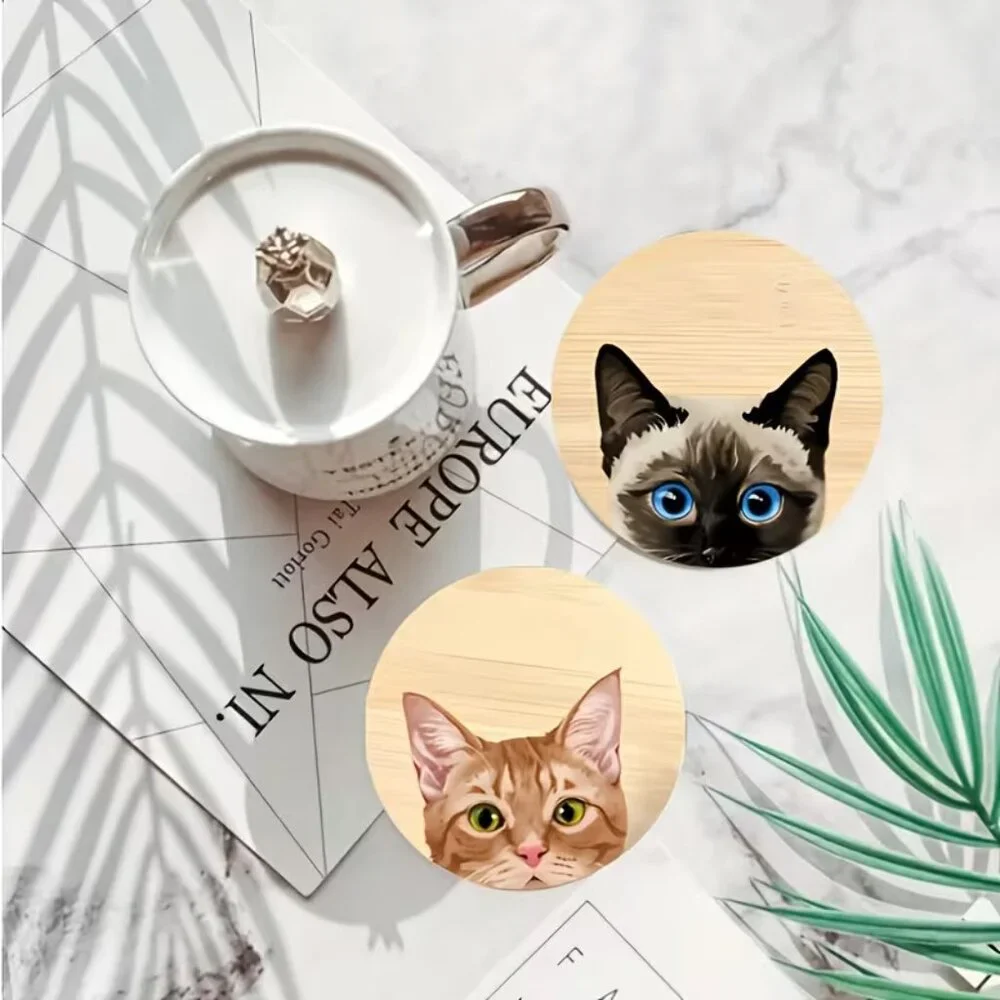 (6 Pc) Cute Cat Heads Wooden‎ Coaster Set (NEW & SO CUTE!)